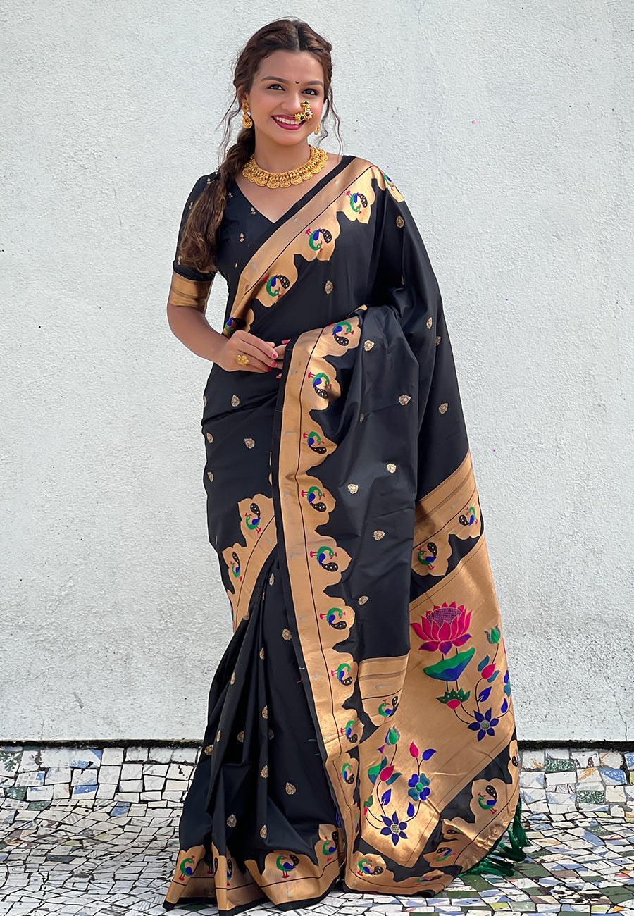 Black Paithani Silk Woven Meenakari Saree