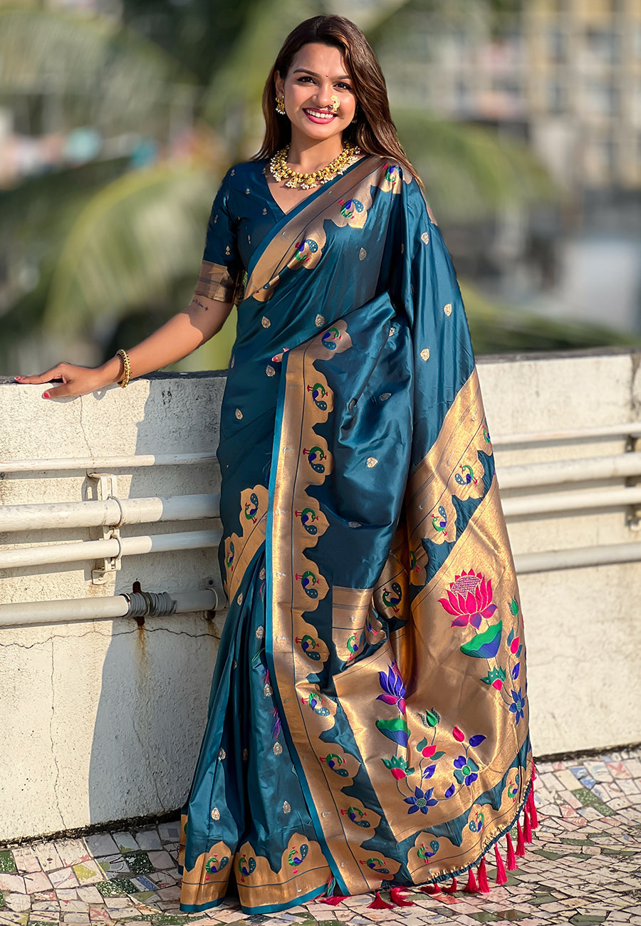 Teal Blue Paithani Silk Woven Meenakari Saree