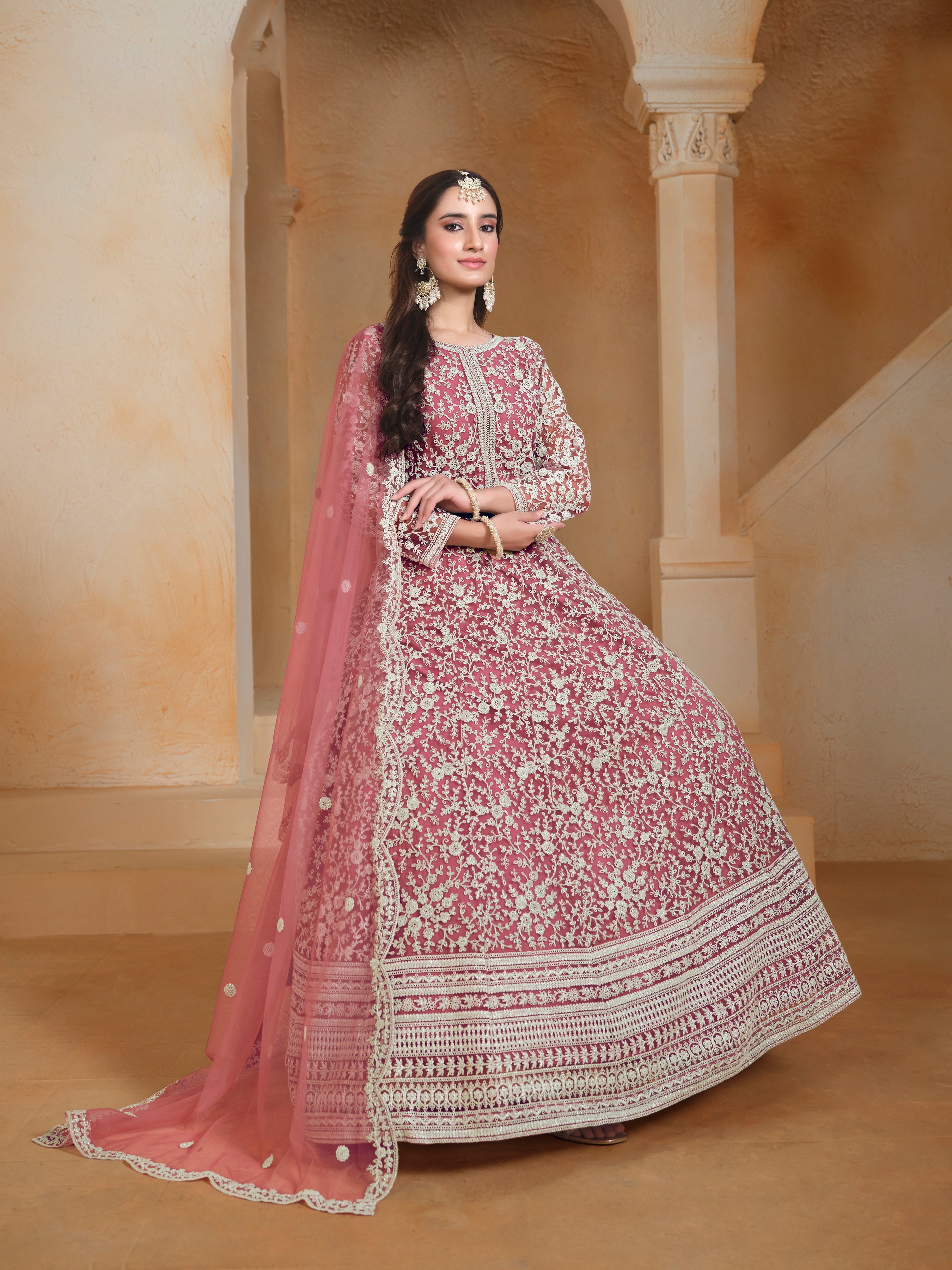 Pink Net Embroidered  Anarkali Kurti With Bottom Dupatta