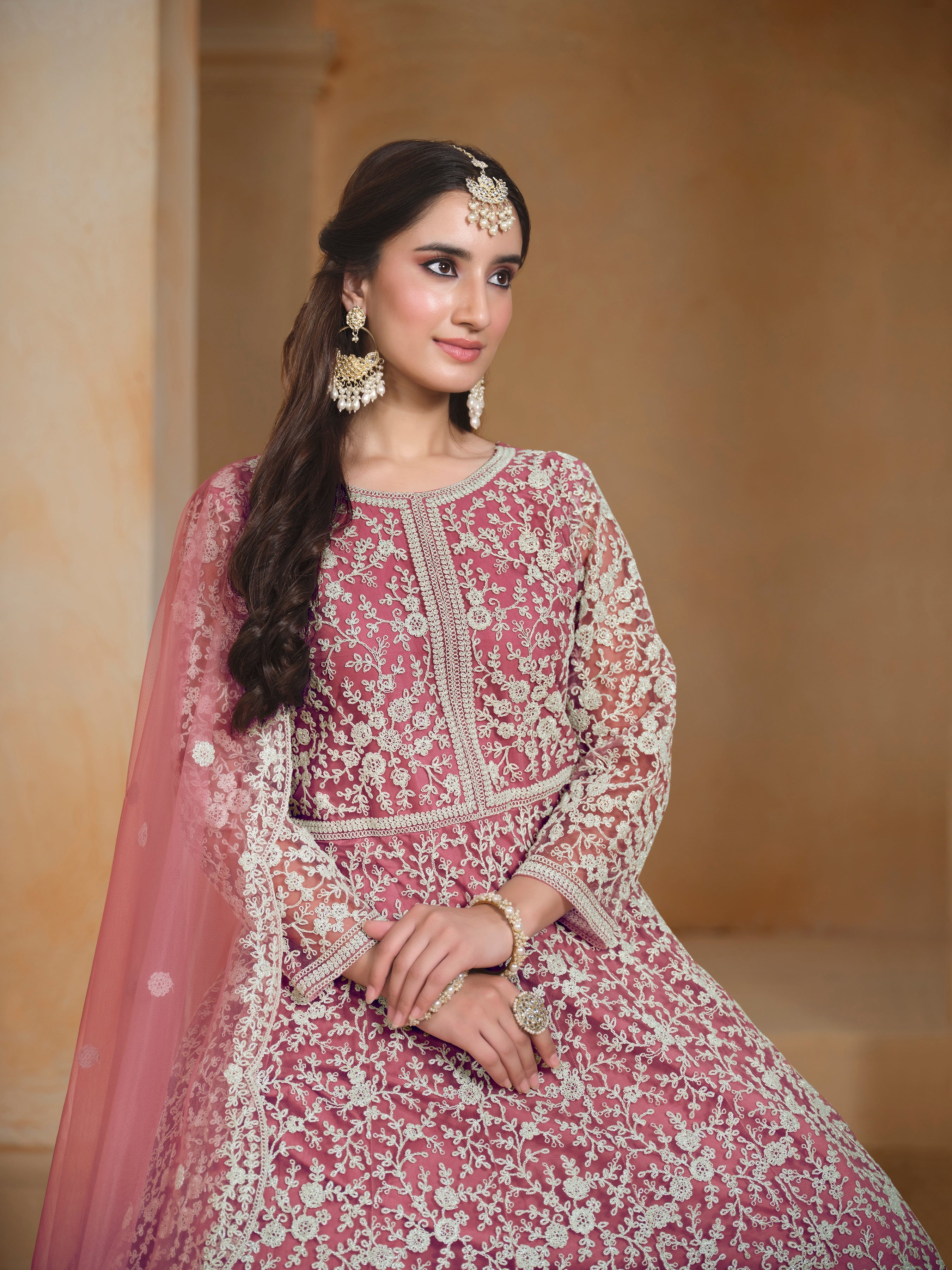 Pink Net Embroidered  Anarkali Kurti With Bottom Dupatta