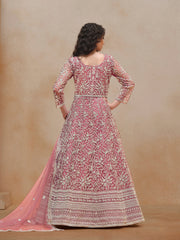 Pink Net Embroidered  Anarkali Kurti With Bottom Dupatta