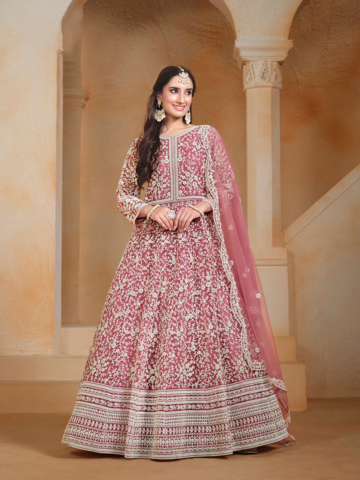 Pink Net Embroidered  Anarkali Kurti With Bottom Dupatta