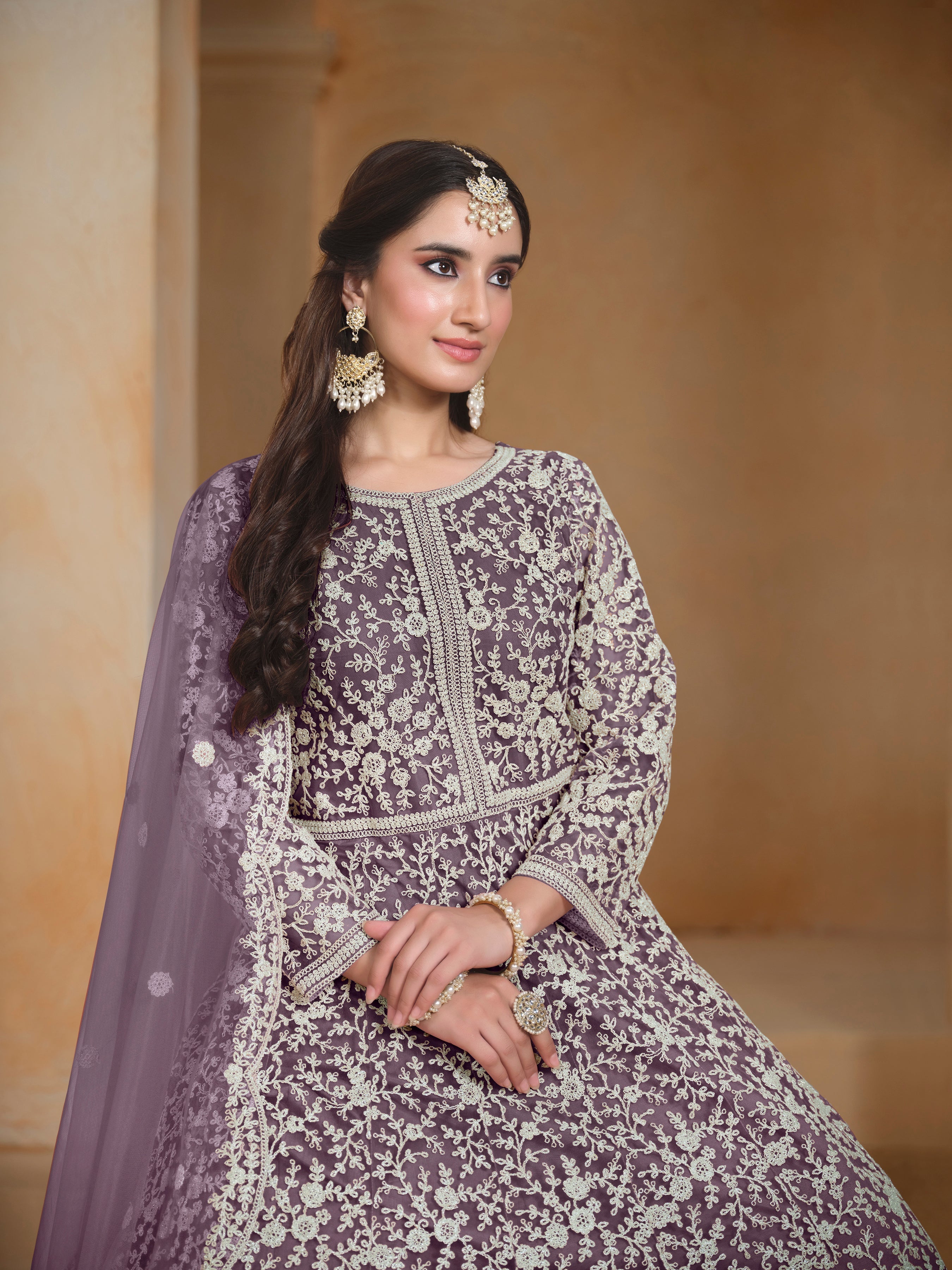 Purple Net Embroidered  Anarkali Kurti With Bottom Dupatta