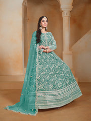 Sea Green Net Embroidered  Anarkali Kurti With Bottom Dupatta