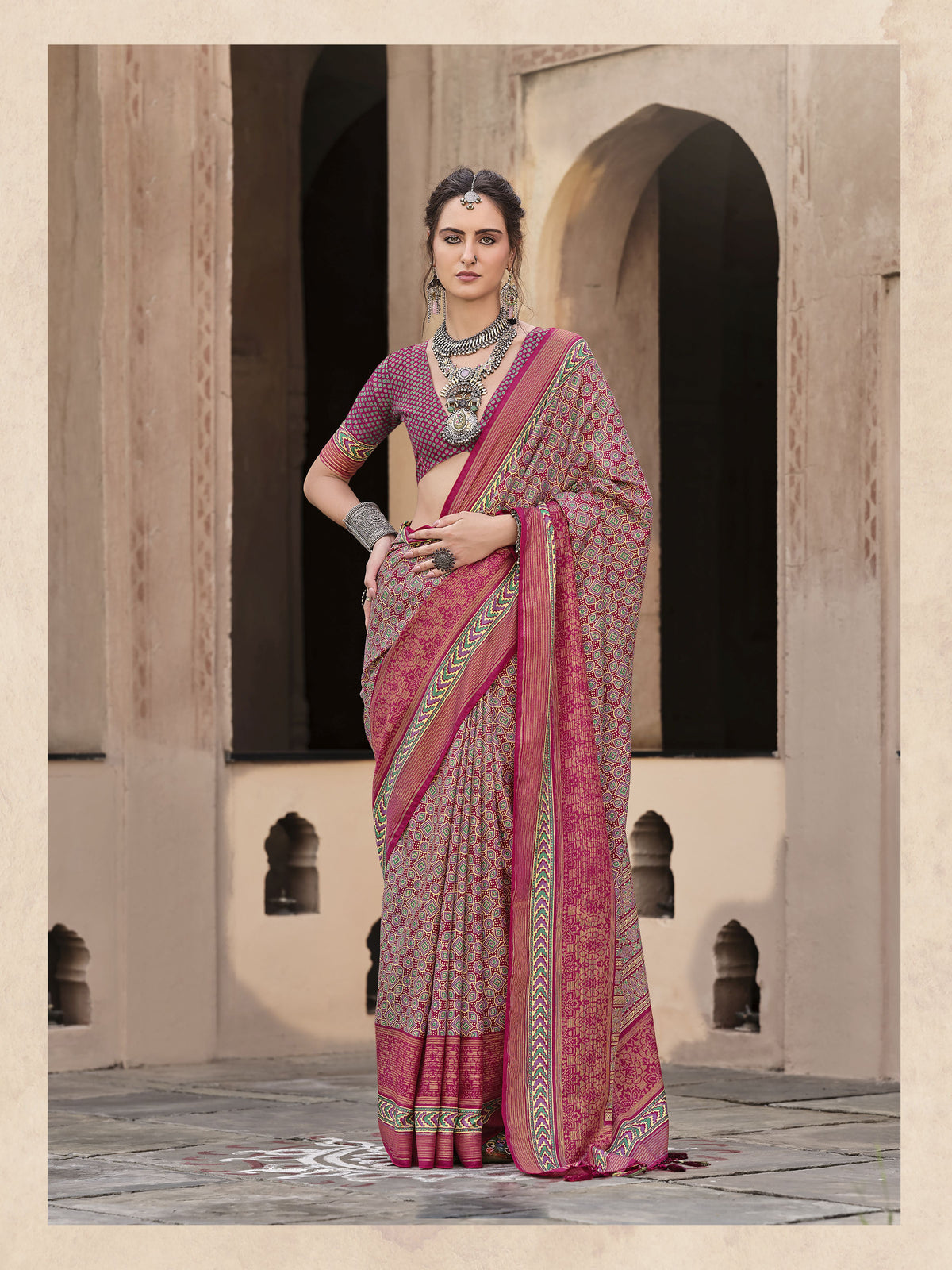 Pink Silk Ajrakh Printed Saree