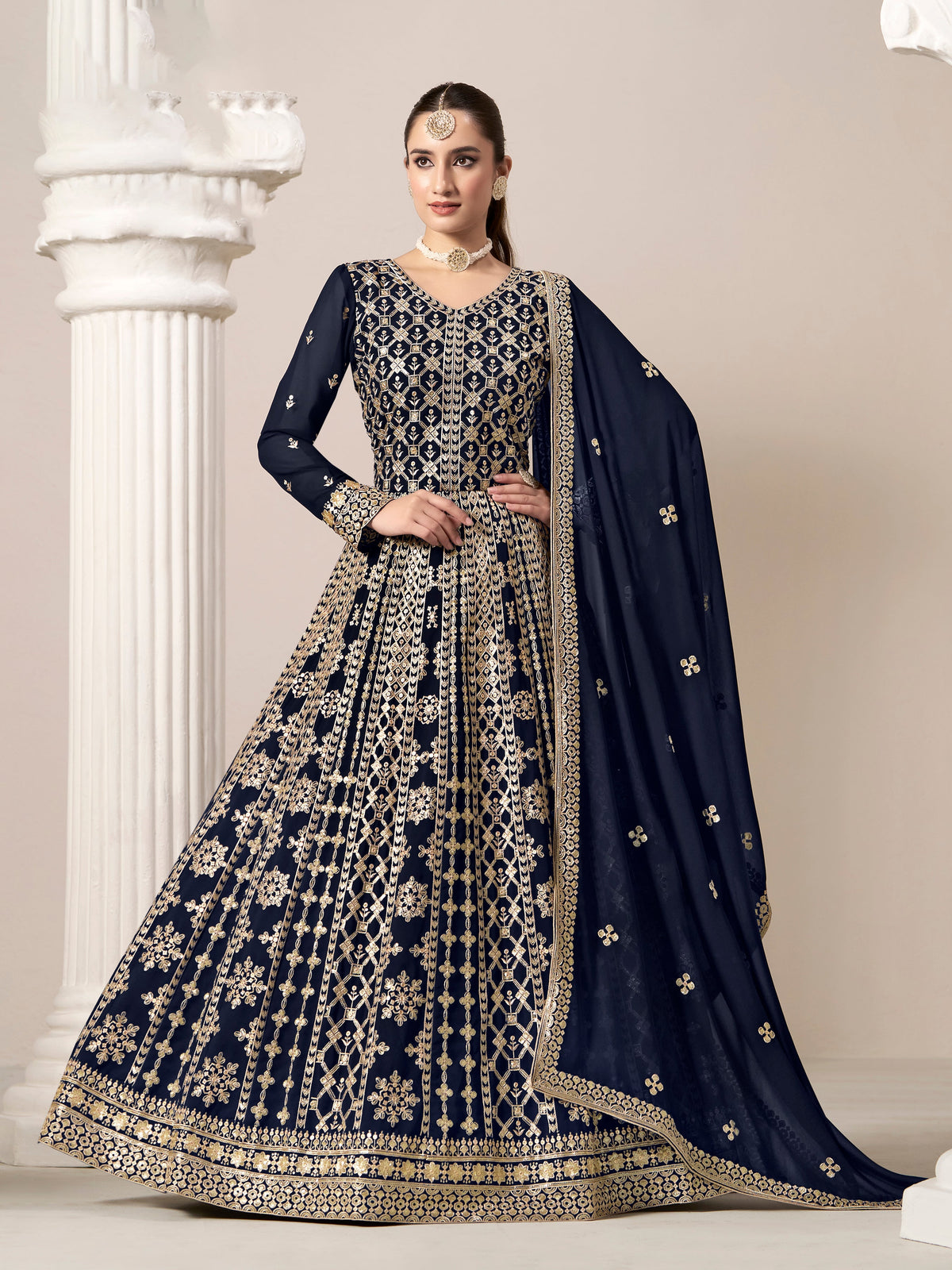 Blue Faux Georgette Embroidered  Anarkali Kurti With Bottom Dupatta