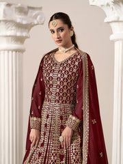 Maroon Faux Georgette Embroidered  Anarkali Kurti With Bottom Dupatta