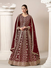 Maroon Faux Georgette Embroidered  Anarkali Kurti With Bottom Dupatta