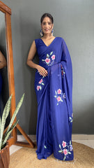 Blue Faux Georgette Hand Printed Ready to Wear Saree