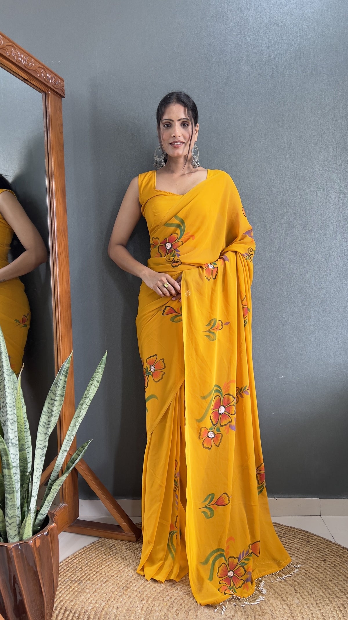 Mustard Faux Georgette Hand Printed Ready to Wear Saree