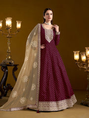 Wine Chanderi Butti Woven Embroidered  Flared Gown