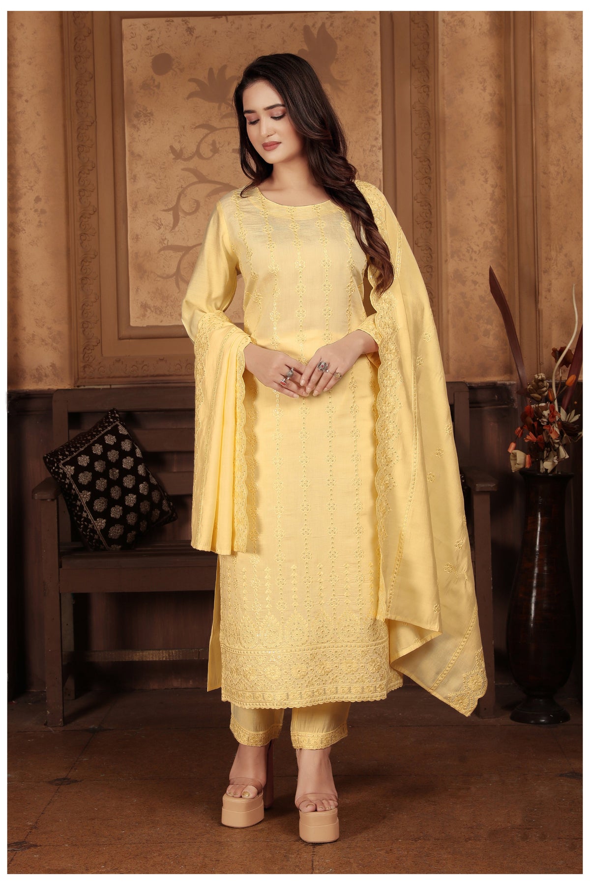 Yellow Chanderi Sequins Embroidered  Kurti With Pant Dupatta