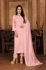 Peach Chanderi Sequins Embroidered  Kurti With Pant Dupatta