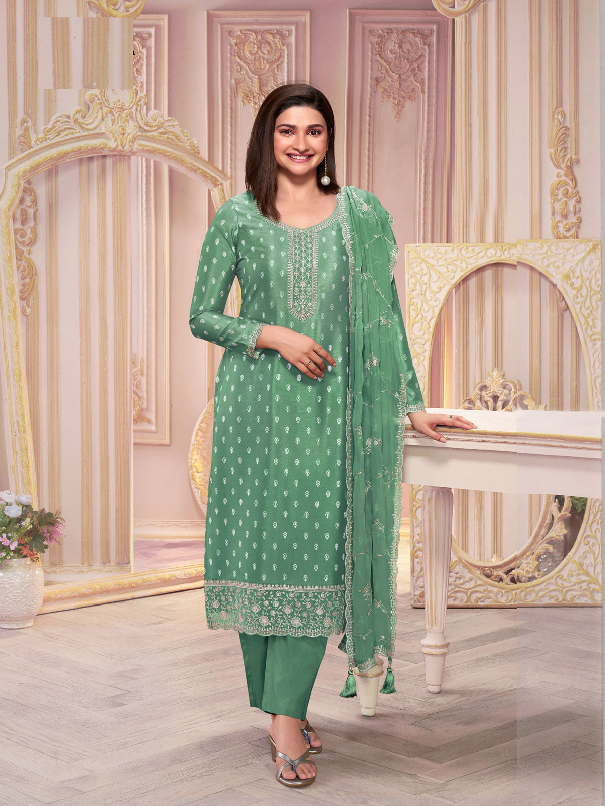 Green  Silk Georgette Embroidered  Salwar Suit With Pant Dupatta