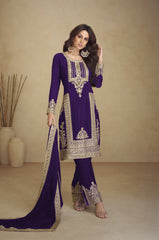 Costume Salwar brodé en georgette violette avec pantalon Dupatta