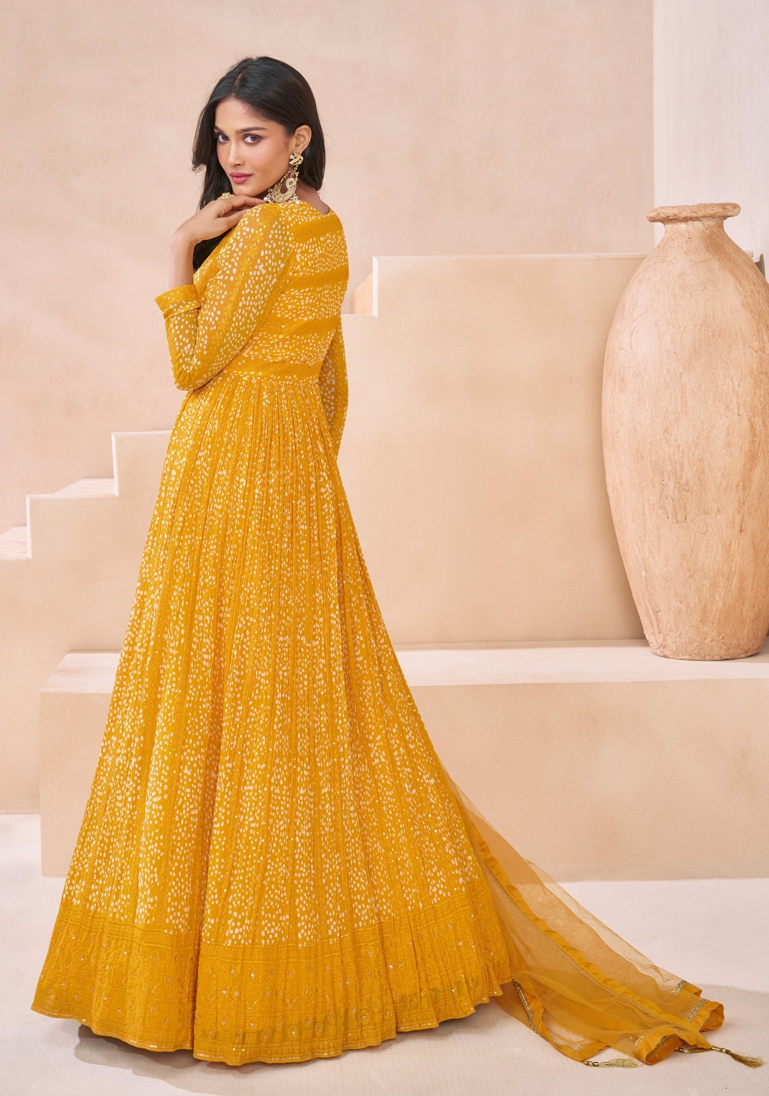 Yellow Georgette Embroidered  Flared Gown With Bottom Dupatta