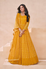 Yellow Georgette Embroidered  Flared Gown With Bottom Dupatta