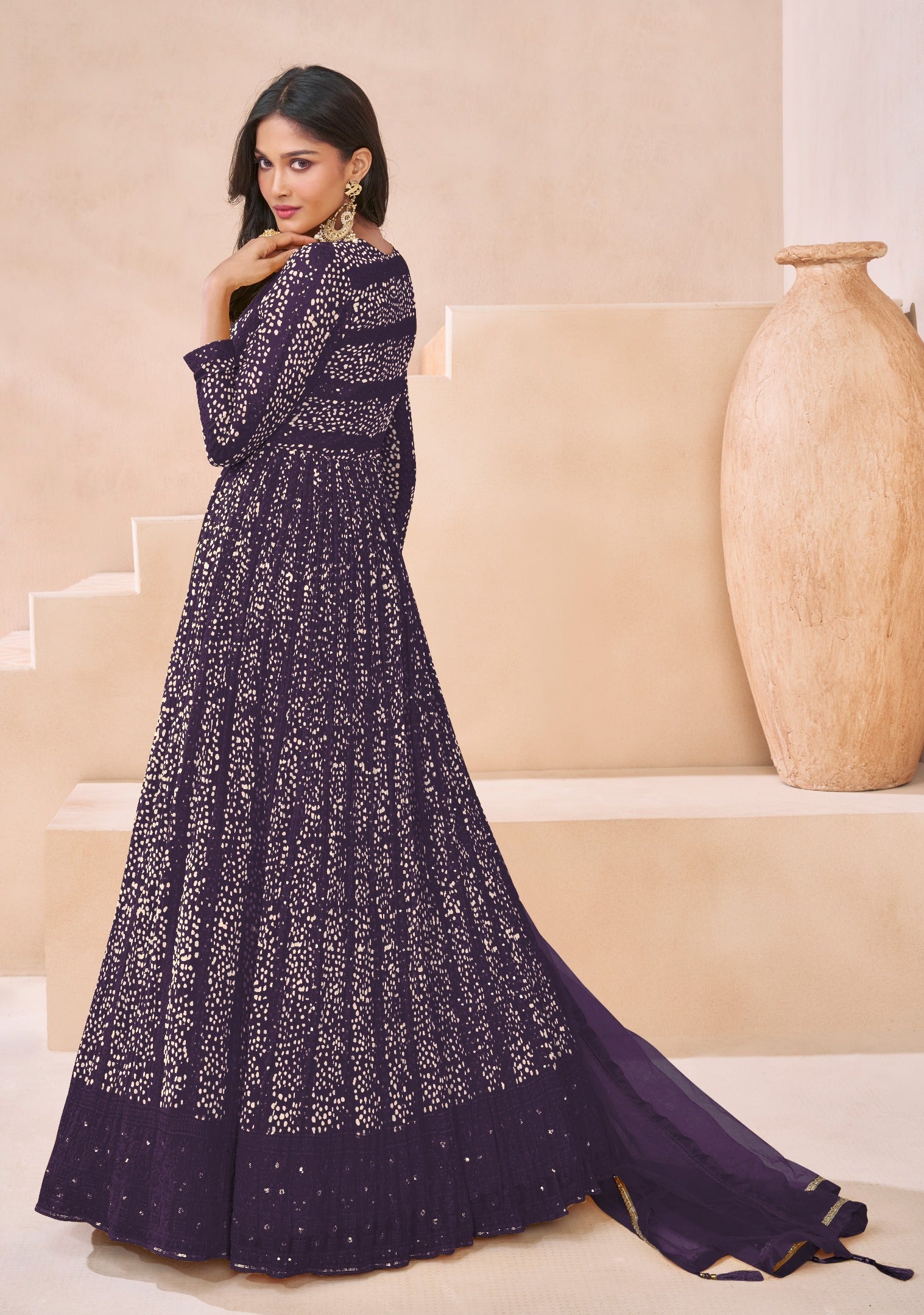 Wine Georgette Embroidered  Flared Gown With Bottom Dupatta