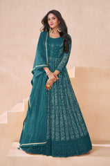 Teal Georgette Embroidered  Flared Gown With Bottom Dupatta