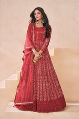 Red Georgette Embroidered  Flared Gown With Bottom Dupatta