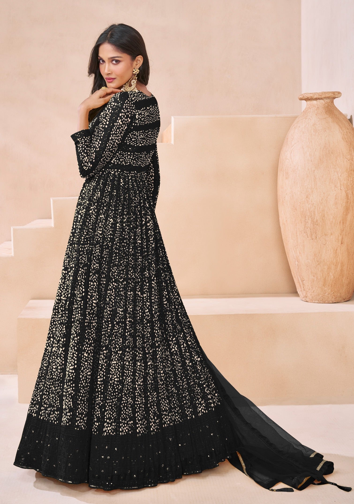 Black Georgette Embroidered  Flared Gown With Bottom Dupatta