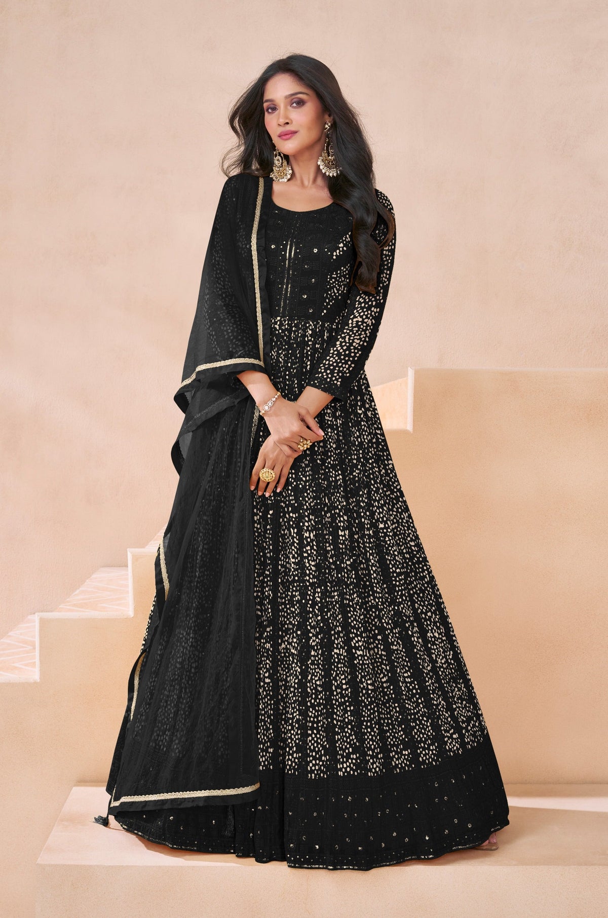 Black Georgette Embroidered  Flared Gown With Bottom Dupatta