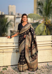 Black Pashmina Silk Woven Meenakari Saree