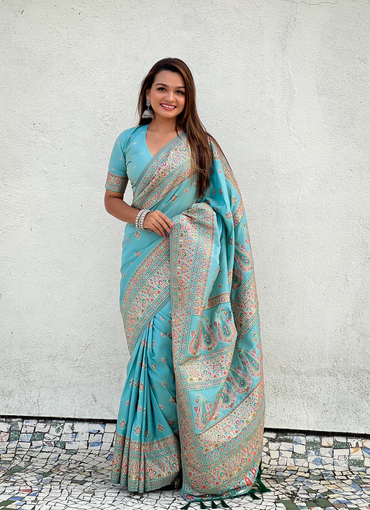 Blue Pashmina Silk Woven Meenakari Saree