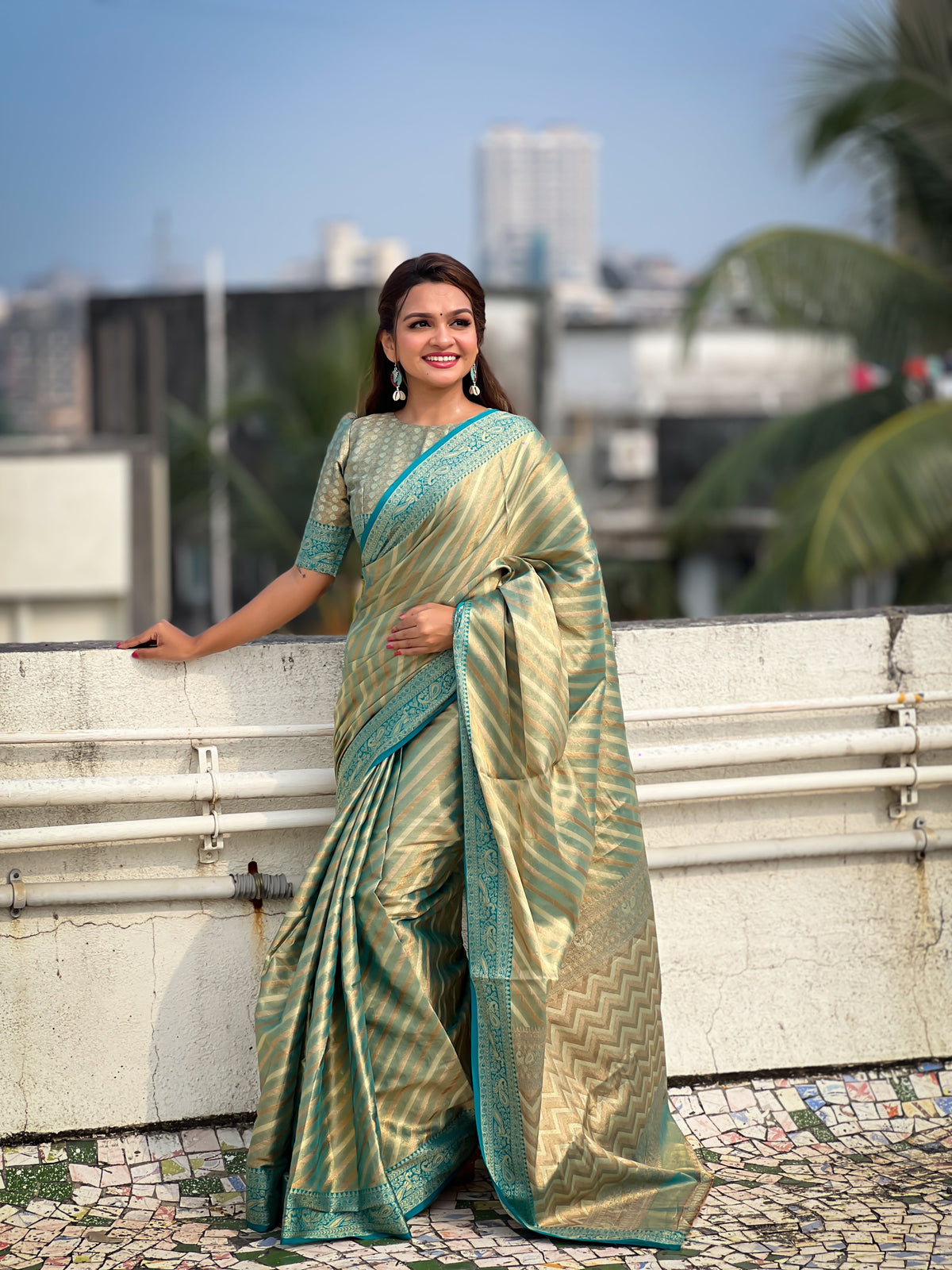 Blue Zari Tissue Woven Leheriya Saree