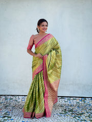 Green Zari Tissue Woven Leheriya Saree