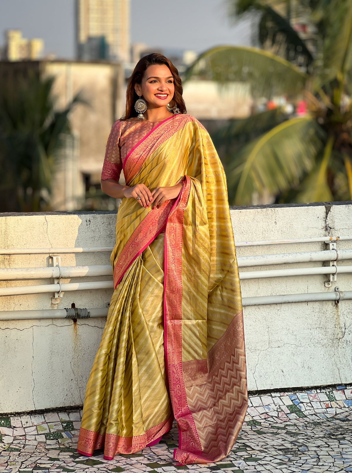 Yellow Zari Tissue Woven Leheriya Saree