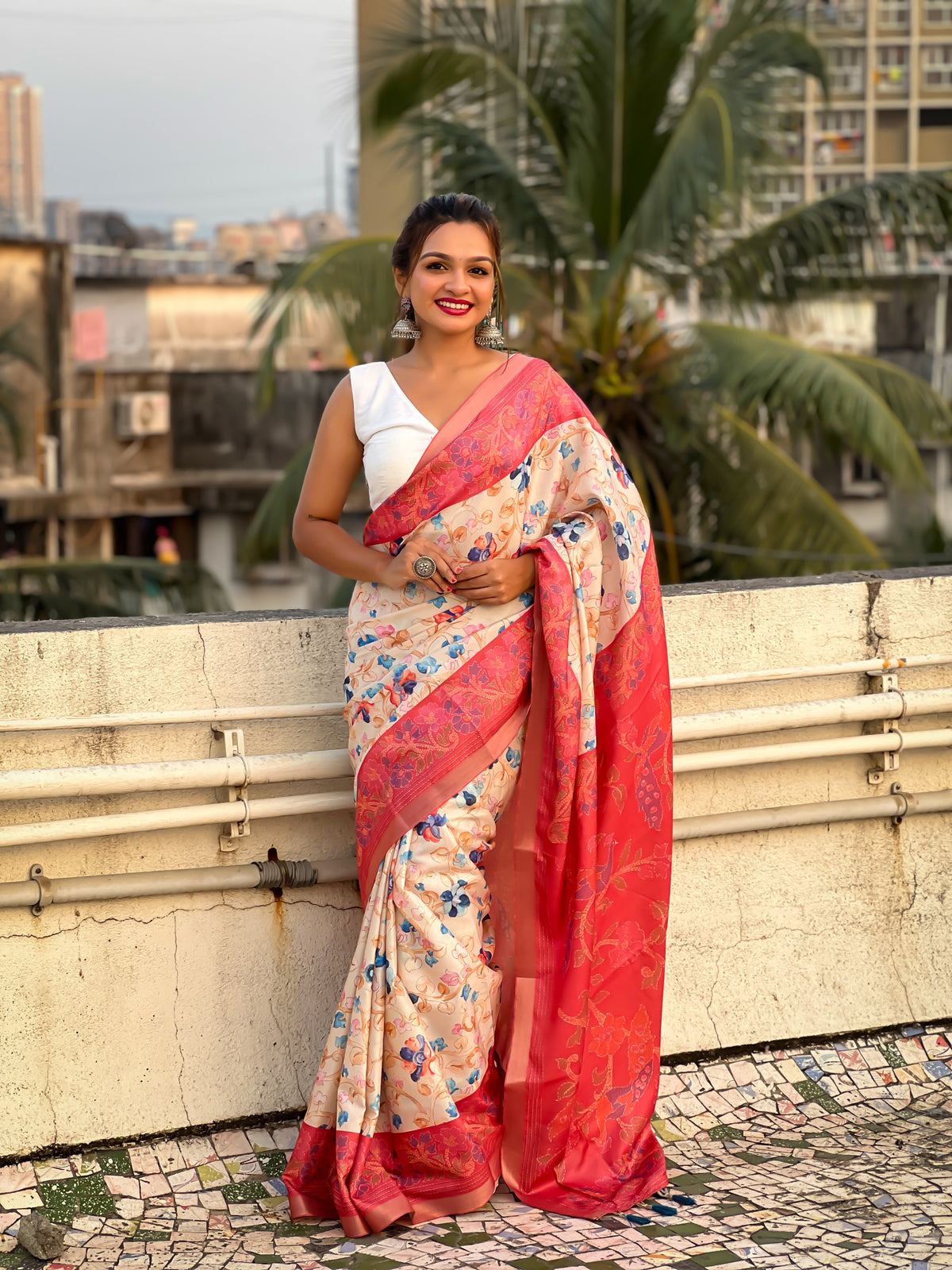 Red Tussar Silk Kalamkari woven Saree