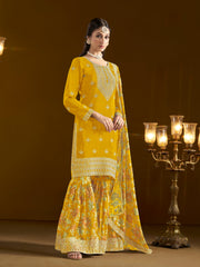 Yellow Chinon Embroidered  Salwar Suit With Sharara Dupatta