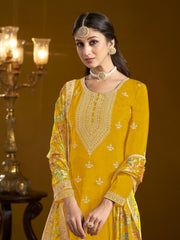 Yellow Chinon Embroidered  Salwar Suit With Sharara Dupatta