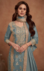 Costume Salwar brodé en soie Vichitra gris avec pantalon Dupatta