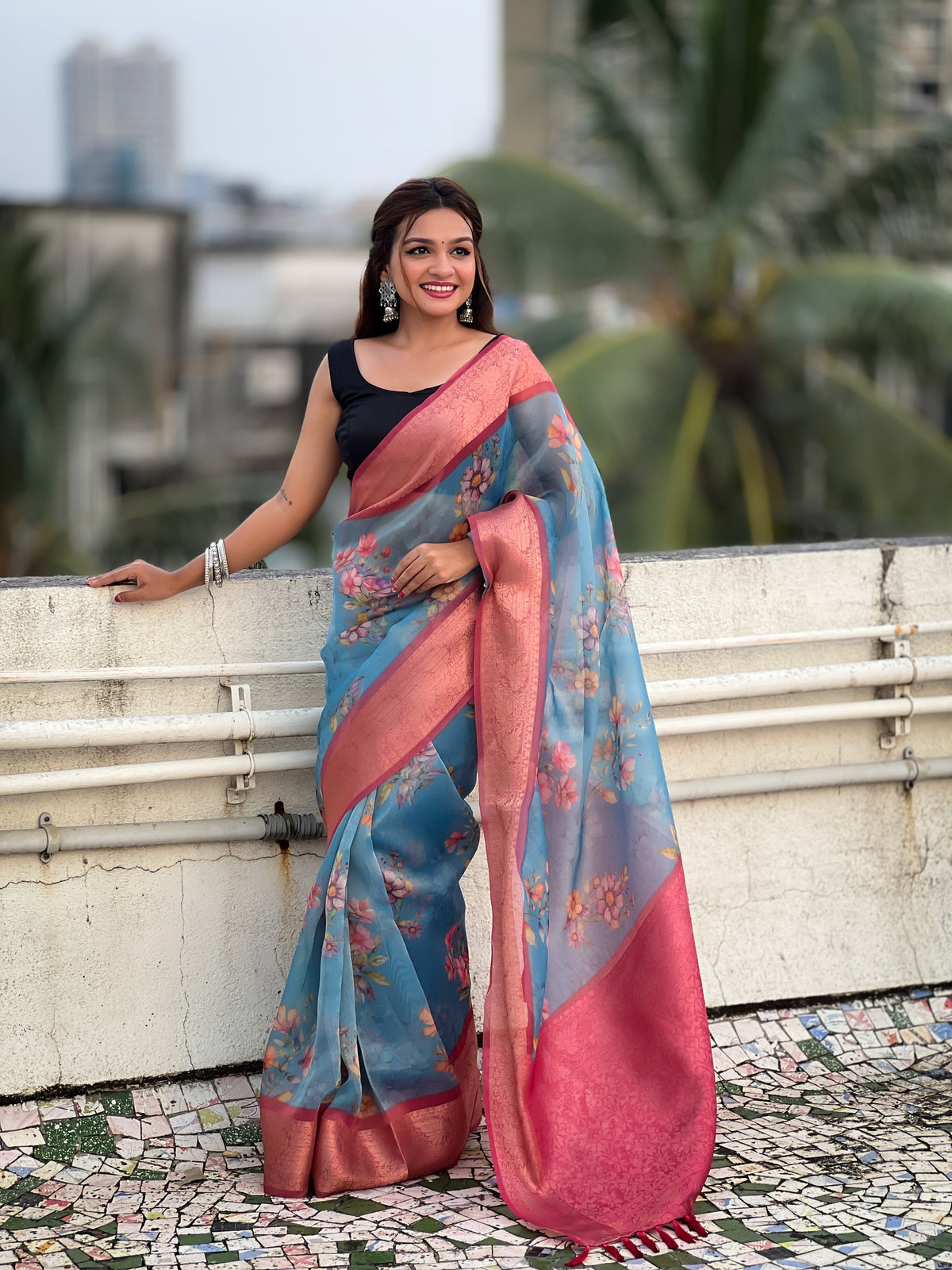 Blue Crush Tissue Woven Floral Printed Saree