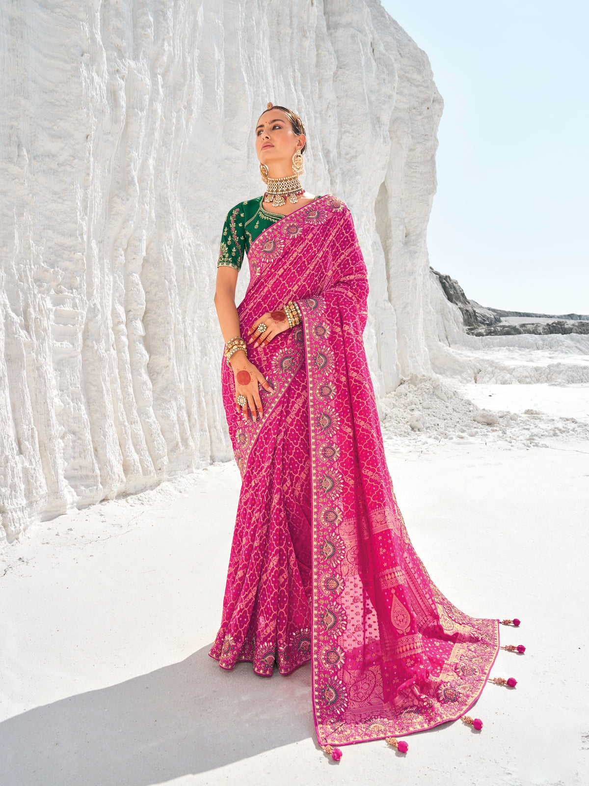 Pink Georgette Woven Bandhani Patola Designer Saree