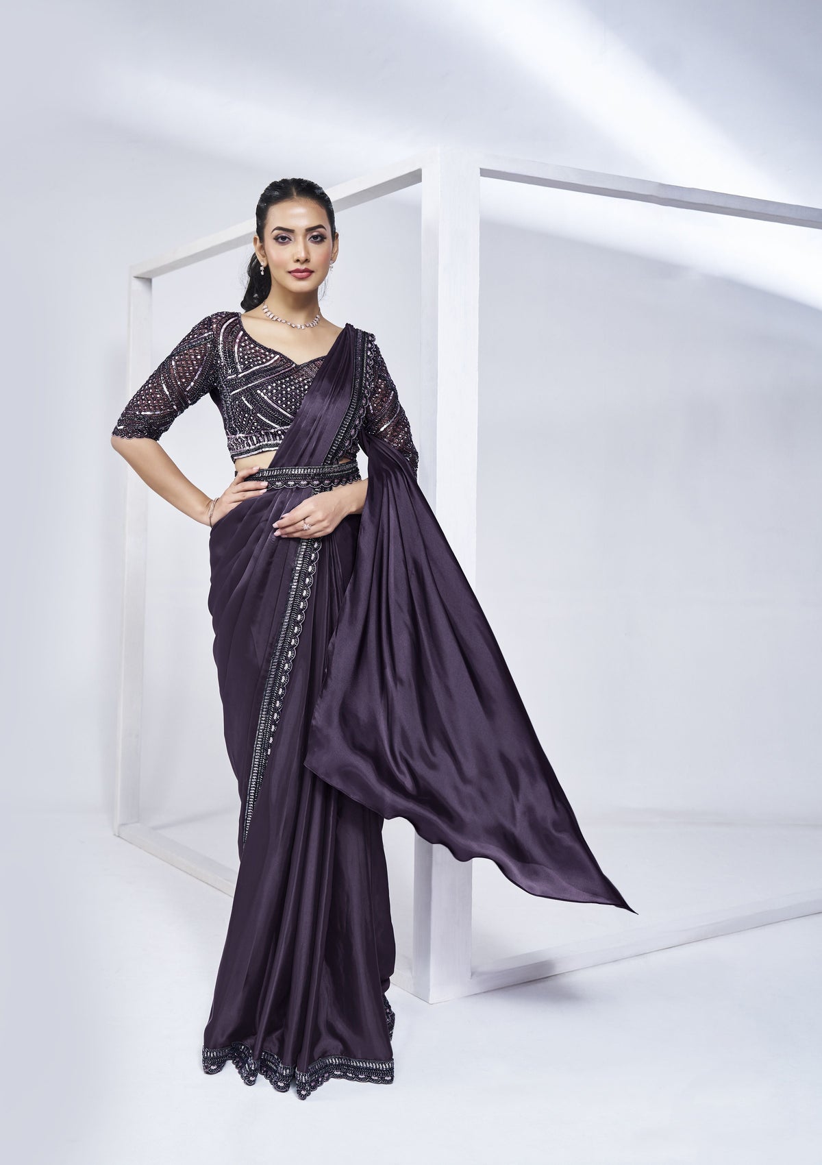 Purple Crepe Satin silk Khatli Work Ready to Wear Saree