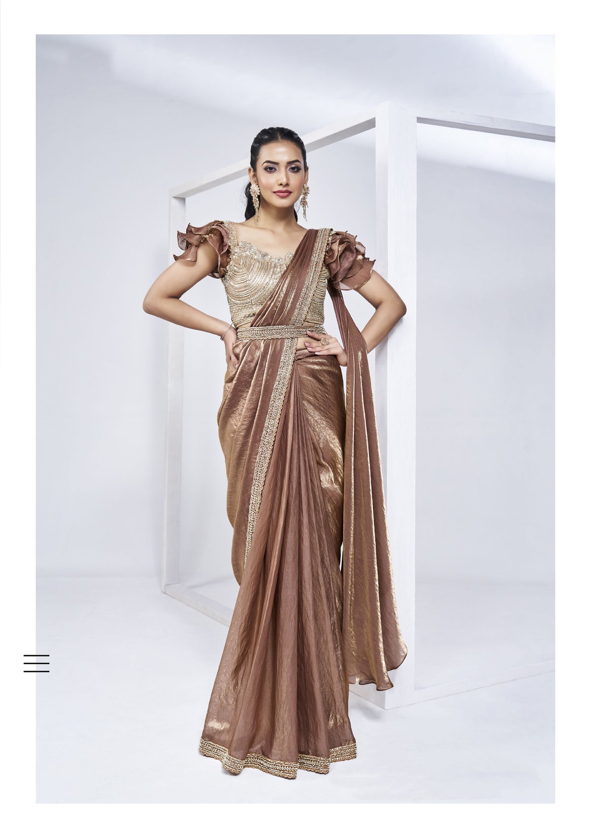 Sari prêt à porter en satin de soie bicolore marron Khatli