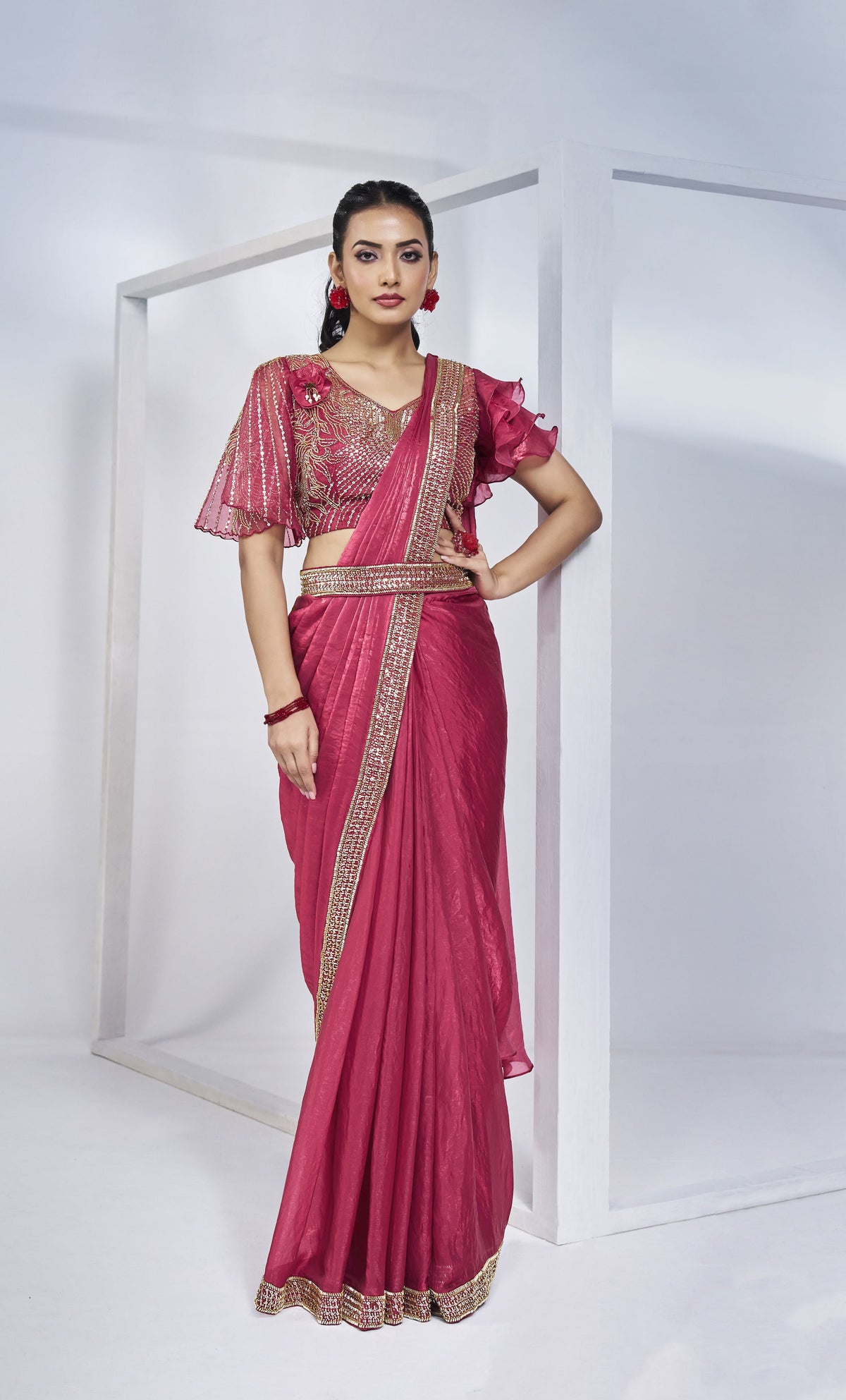 Pink Two Tone Satin Silk Handwork Ready to Wear Saree