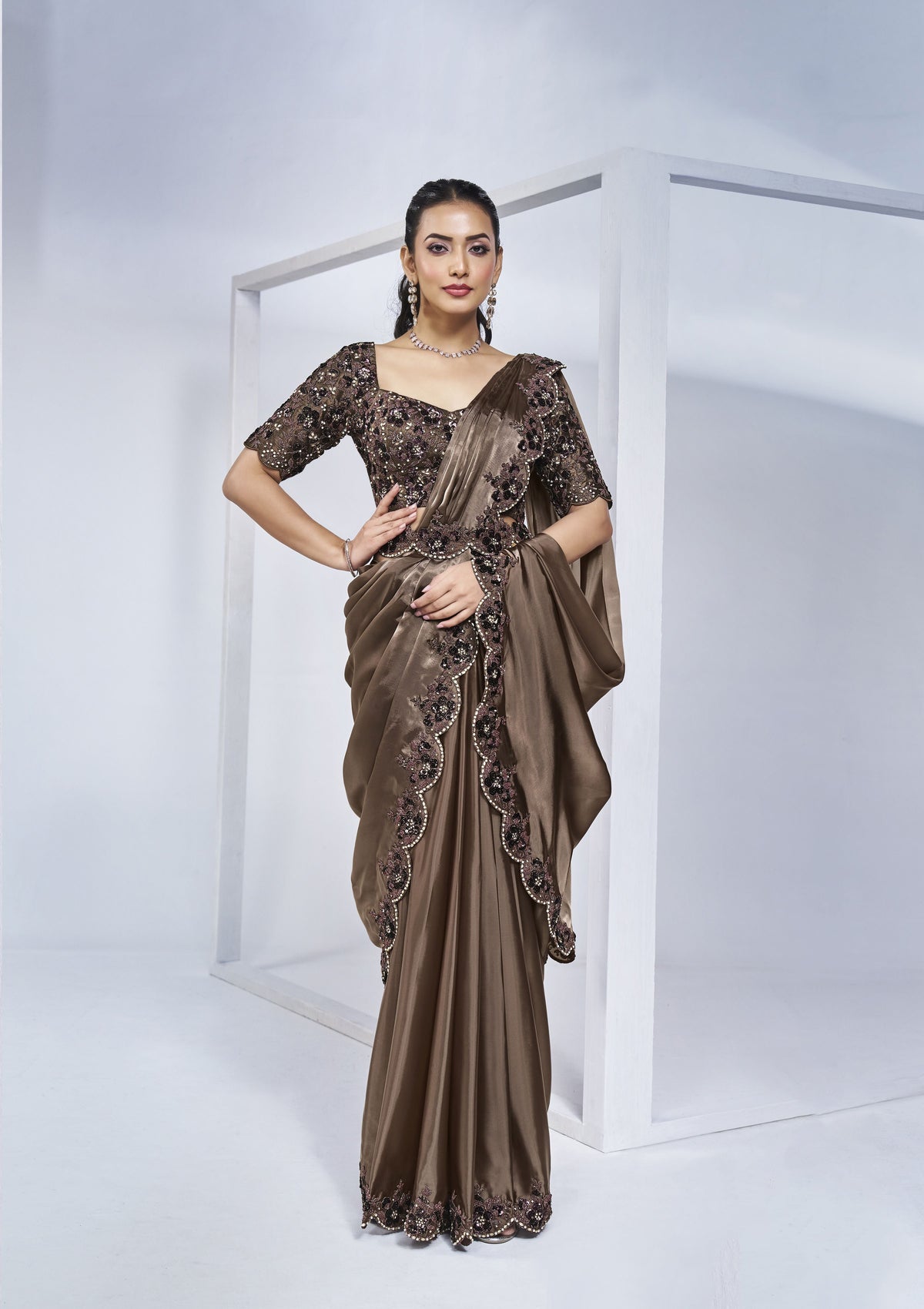 Brown Crepe Satin Silk Handwork Ready to Wear Saree