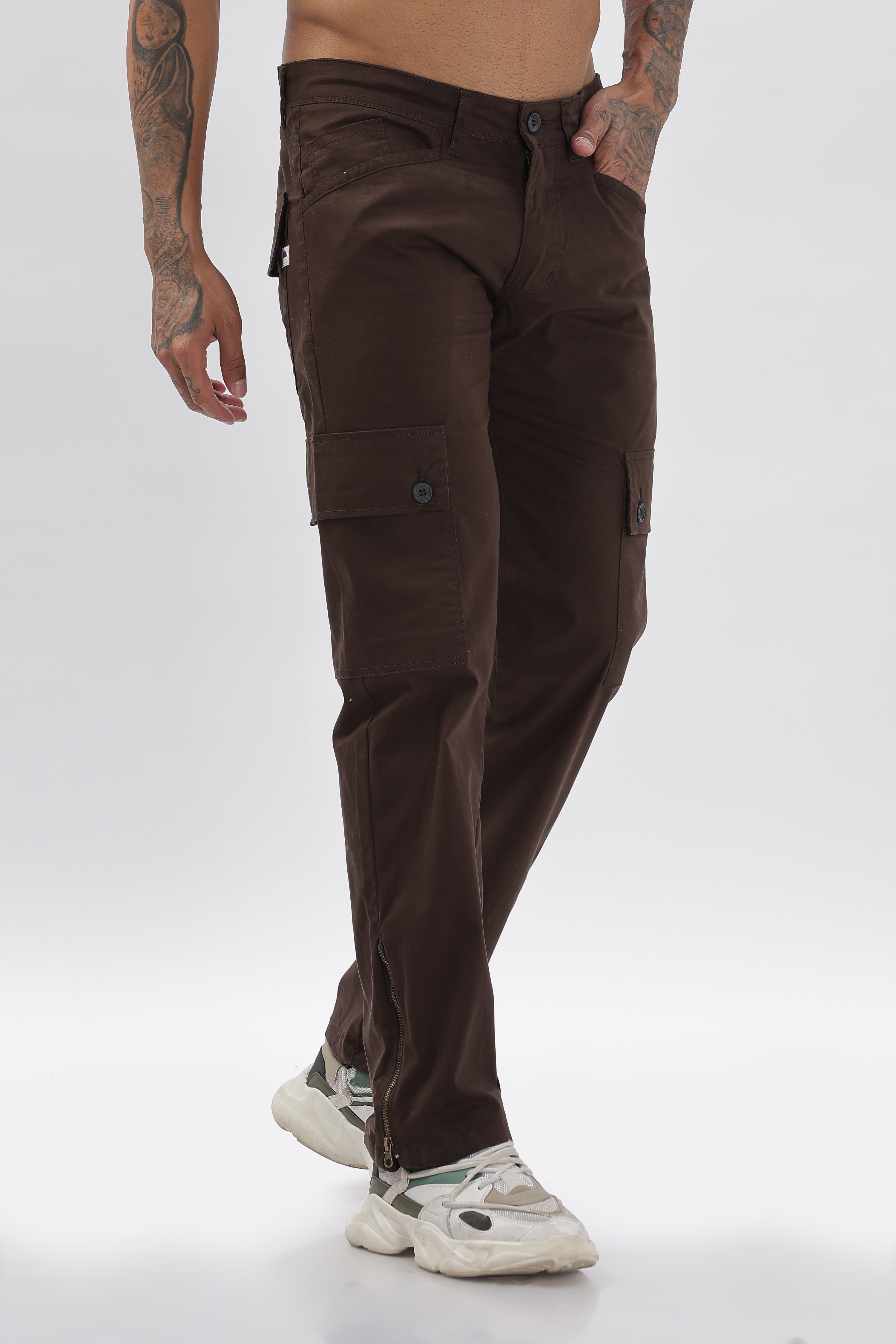 Brown Cotton Blend Full Length Cargo Pants