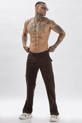 Brown Cotton Blend Full Length Cargo Pants