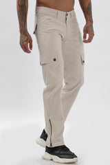 Grey Cotton Blend Full Length Cargo Pants For Men