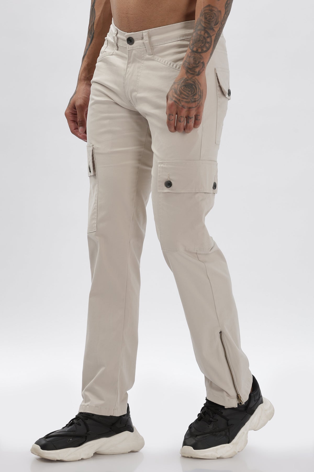 Grey Cotton Blend Full Length Cargo Pants For Men