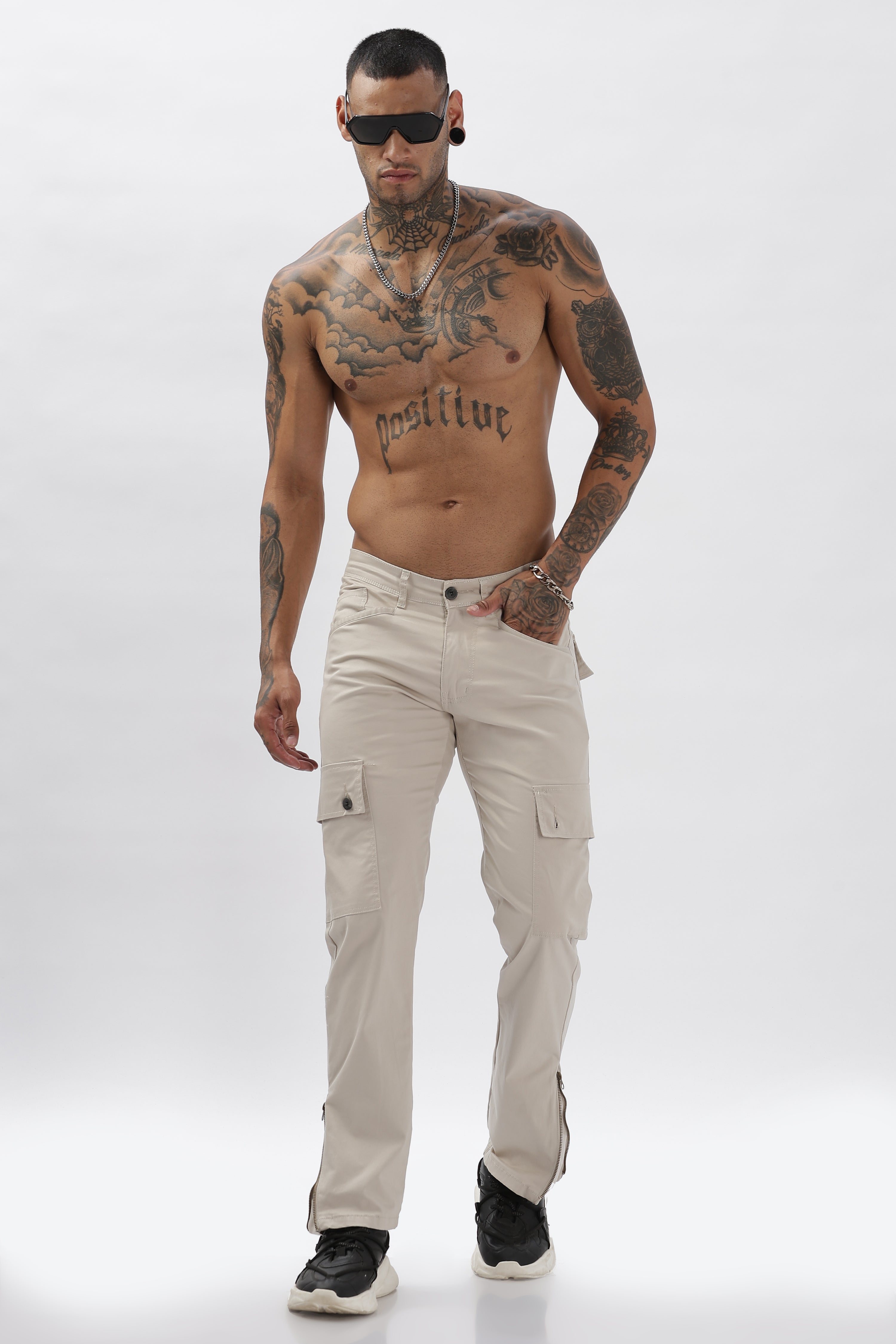 Grey Cotton Blend Full Length Cargo Pants For Men