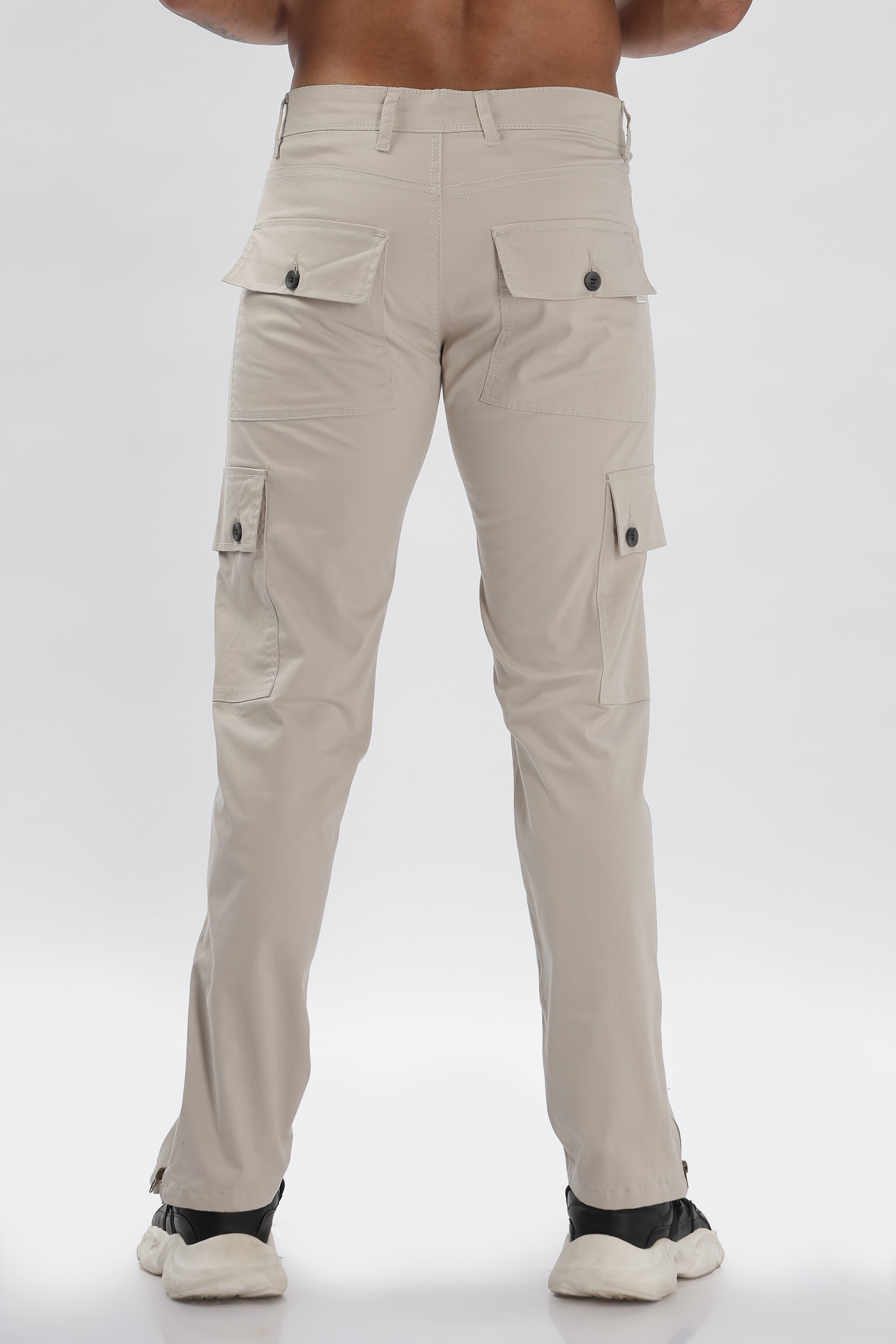 Grey Cotton Blend Full Length Cargo Pants For Men