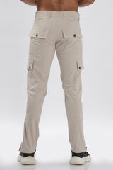 Grey Cotton Blend Full Length Cargo Pants For Men