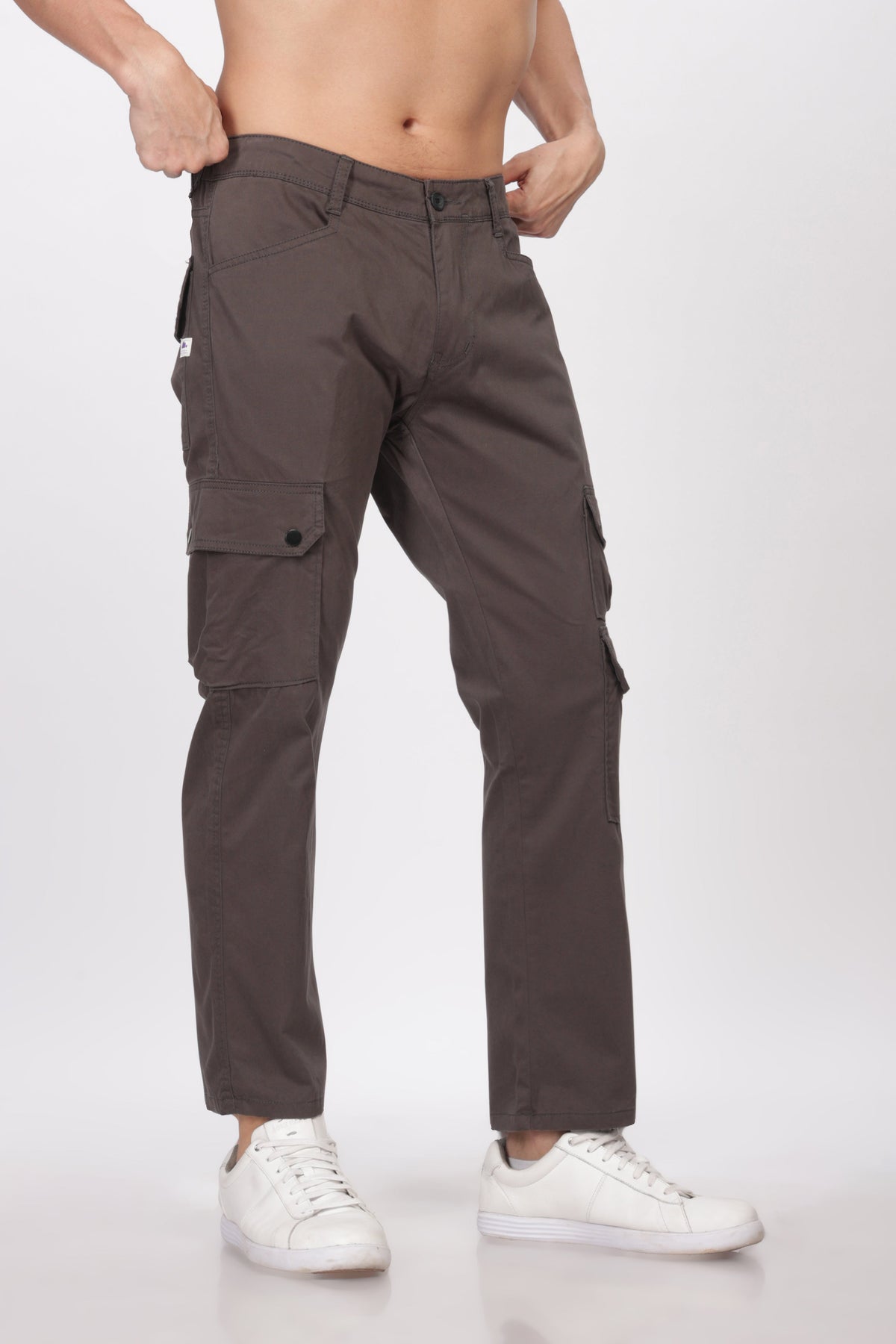 Grey Cotton  Full Length Cargo Pants For Men