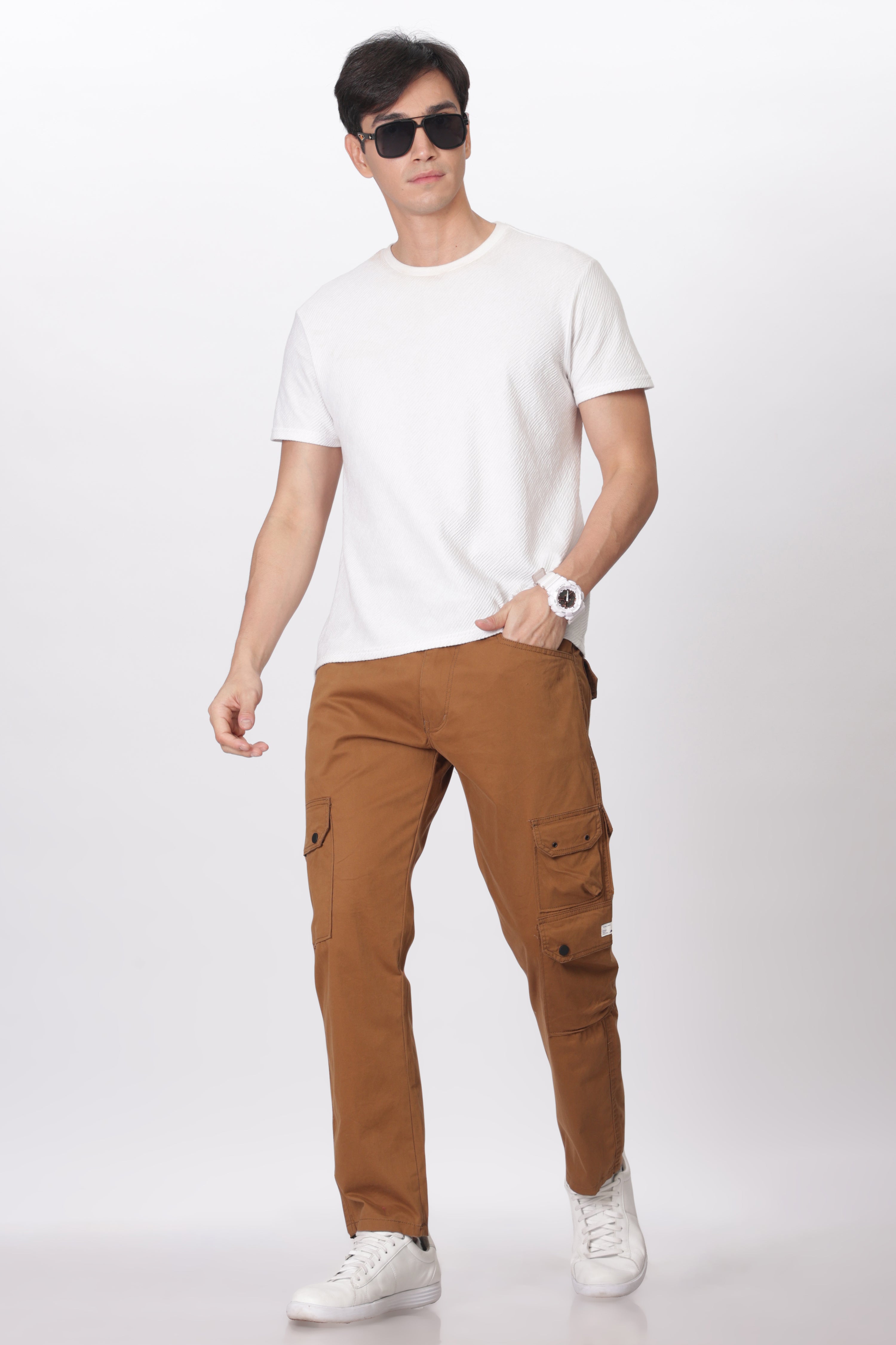 Gold Cotton Blend Full Length Cargo Pants